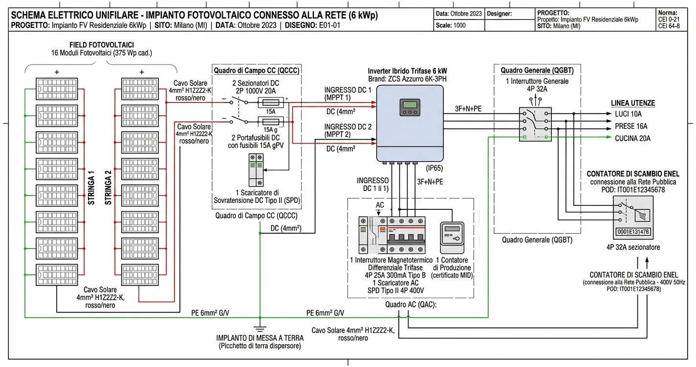 Schema elettrico unifilare di un impianto fotovoltaico